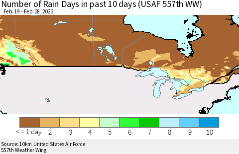 Canada Number of Rain Days in past 10 days (USAF 557th WW) Thematic Map For 2/26/2023 - 2/28/2023