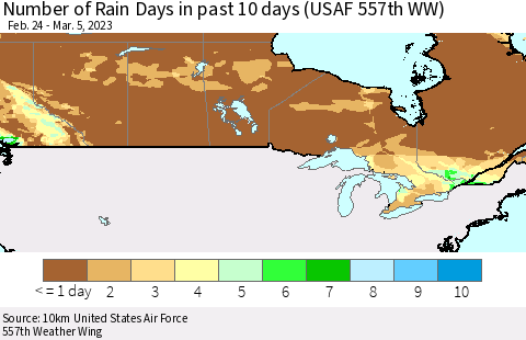 Canada Number of Rain Days in past 10 days (USAF 557th WW) Thematic Map For 3/1/2023 - 3/5/2023