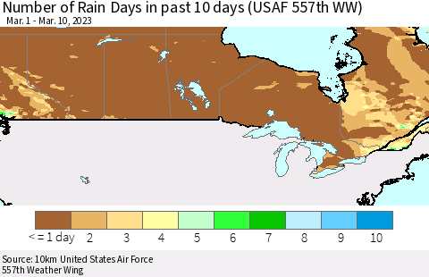 Canada Number of Rain Days in past 10 days (USAF 557th WW) Thematic Map For 3/6/2023 - 3/10/2023