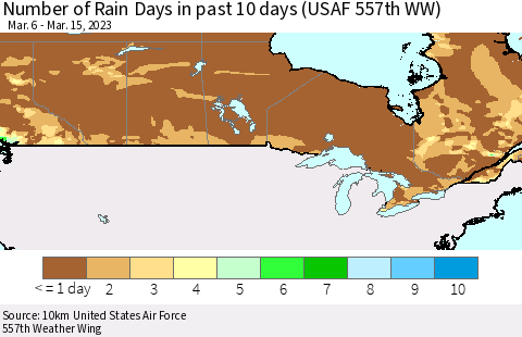 Canada Number of Rain Days in past 10 days (USAF 557th WW) Thematic Map For 3/11/2023 - 3/15/2023