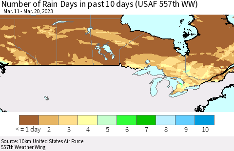 Canada Number of Rain Days in past 10 days (USAF 557th WW) Thematic Map For 3/16/2023 - 3/20/2023