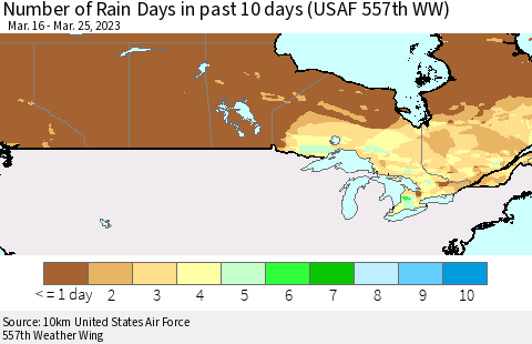 Canada Number of Rain Days in past 10 days (USAF 557th WW) Thematic Map For 3/21/2023 - 3/25/2023