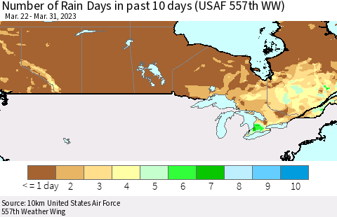 Canada Number of Rain Days in past 10 days (USAF 557th WW) Thematic Map For 3/26/2023 - 3/31/2023