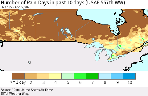 Canada Number of Rain Days in past 10 days (USAF 557th WW) Thematic Map For 4/1/2023 - 4/5/2023