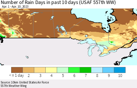 Canada Number of Rain Days in past 10 days (USAF 557th WW) Thematic Map For 4/6/2023 - 4/10/2023
