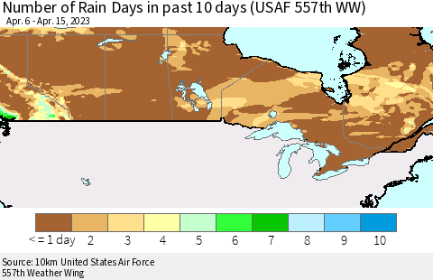 Canada Number of Rain Days in past 10 days (USAF 557th WW) Thematic Map For 4/11/2023 - 4/15/2023
