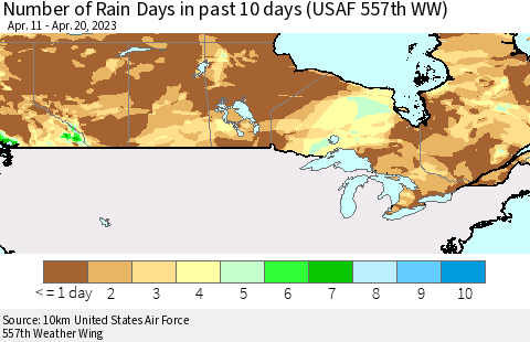 Canada Number of Rain Days in past 10 days (USAF 557th WW) Thematic Map For 4/16/2023 - 4/20/2023