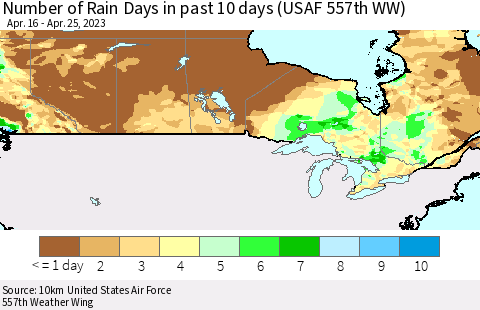 Canada Number of Rain Days in past 10 days (USAF 557th WW) Thematic Map For 4/21/2023 - 4/25/2023