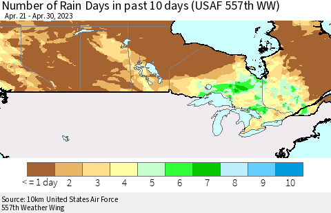 Canada Number of Rain Days in past 10 days (USAF 557th WW) Thematic Map For 4/26/2023 - 4/30/2023