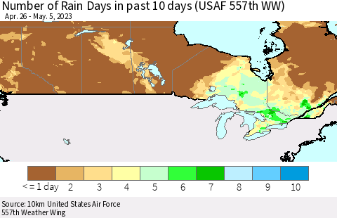Canada Number of Rain Days in past 10 days (USAF 557th WW) Thematic Map For 5/1/2023 - 5/5/2023
