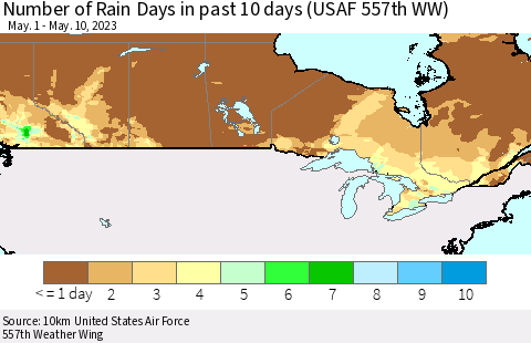 Canada Number of Rain Days in past 10 days (USAF 557th WW) Thematic Map For 5/6/2023 - 5/10/2023