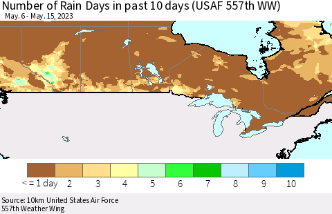 Canada Number of Rain Days in past 10 days (USAF 557th WW) Thematic Map For 5/11/2023 - 5/15/2023