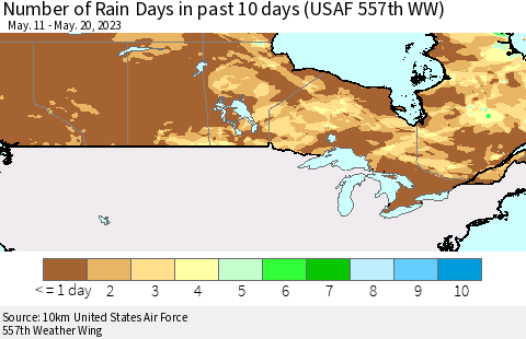 Canada Number of Rain Days in past 10 days (USAF 557th WW) Thematic Map For 5/16/2023 - 5/20/2023