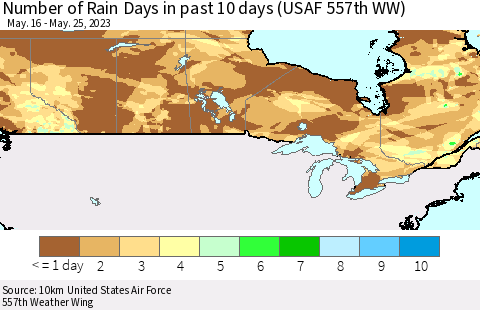 Canada Number of Rain Days in past 10 days (USAF 557th WW) Thematic Map For 5/21/2023 - 5/25/2023