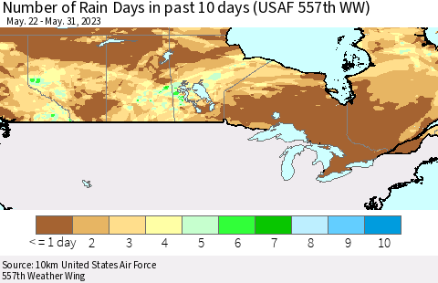 Canada Number of Rain Days in past 10 days (USAF 557th WW) Thematic Map For 5/26/2023 - 5/31/2023