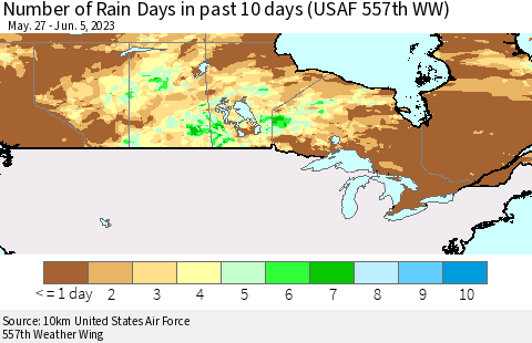 Canada Number of Rain Days in past 10 days (USAF 557th WW) Thematic Map For 6/1/2023 - 6/5/2023