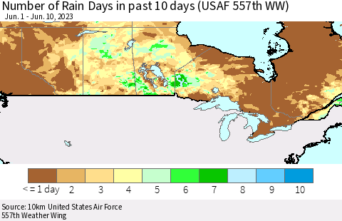Canada Number of Rain Days in past 10 days (USAF 557th WW) Thematic Map For 6/6/2023 - 6/10/2023