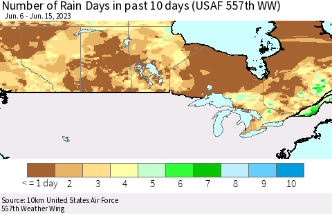 Canada Number of Rain Days in past 10 days (USAF 557th WW) Thematic Map For 6/11/2023 - 6/15/2023