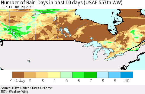 Canada Number of Rain Days in past 10 days (USAF 557th WW) Thematic Map For 6/16/2023 - 6/20/2023