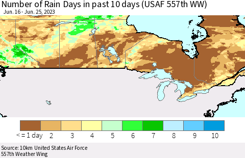 Canada Number of Rain Days in past 10 days (USAF 557th WW) Thematic Map For 6/21/2023 - 6/25/2023