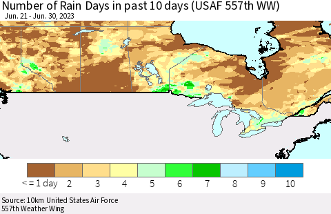 Canada Number of Rain Days in past 10 days (USAF 557th WW) Thematic Map For 6/26/2023 - 6/30/2023