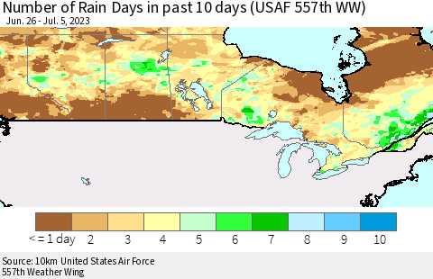 Canada Number of Rain Days in past 10 days (USAF 557th WW) Thematic Map For 7/1/2023 - 7/5/2023