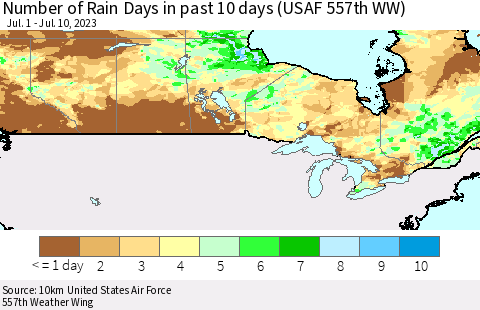 Canada Number of Rain Days in past 10 days (USAF 557th WW) Thematic Map For 7/6/2023 - 7/10/2023