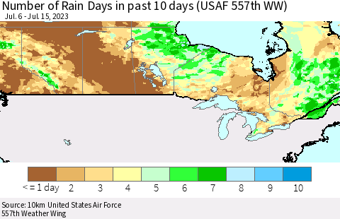 Canada Number of Rain Days in past 10 days (USAF 557th WW) Thematic Map For 7/11/2023 - 7/15/2023