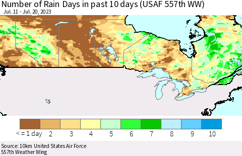 Canada Number of Rain Days in past 10 days (USAF 557th WW) Thematic Map For 7/16/2023 - 7/20/2023