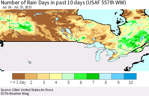 Canada Number of Rain Days in past 10 days (USAF 557th WW) Thematic Map For 7/21/2023 - 7/25/2023