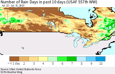 Canada Number of Rain Days in past 10 days (USAF 557th WW) Thematic Map For 7/26/2023 - 7/31/2023