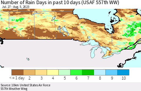 Canada Number of Rain Days in past 10 days (USAF 557th WW) Thematic Map For 8/1/2023 - 8/5/2023