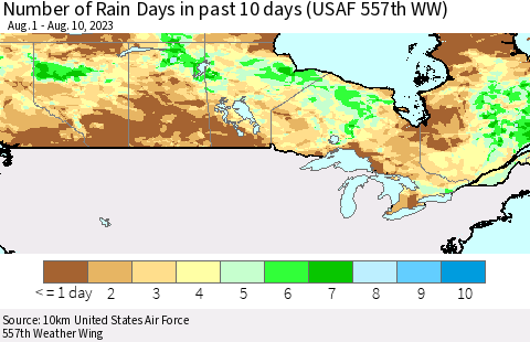 Canada Number of Rain Days in past 10 days (USAF 557th WW) Thematic Map For 8/6/2023 - 8/10/2023
