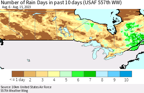 Canada Number of Rain Days in past 10 days (USAF 557th WW) Thematic Map For 8/11/2023 - 8/15/2023
