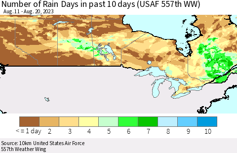 Canada Number of Rain Days in past 10 days (USAF 557th WW) Thematic Map For 8/16/2023 - 8/20/2023