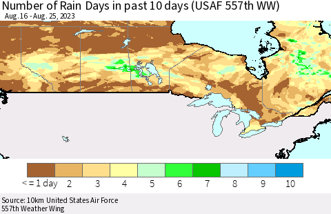 Canada Number of Rain Days in past 10 days (USAF 557th WW) Thematic Map For 8/21/2023 - 8/25/2023