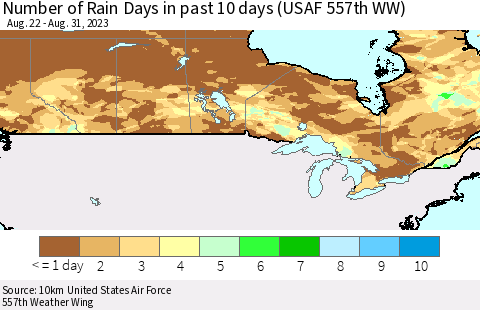 Canada Number of Rain Days in past 10 days (USAF 557th WW) Thematic Map For 8/26/2023 - 8/31/2023