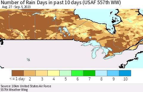 Canada Number of Rain Days in past 10 days (USAF 557th WW) Thematic Map For 9/1/2023 - 9/5/2023