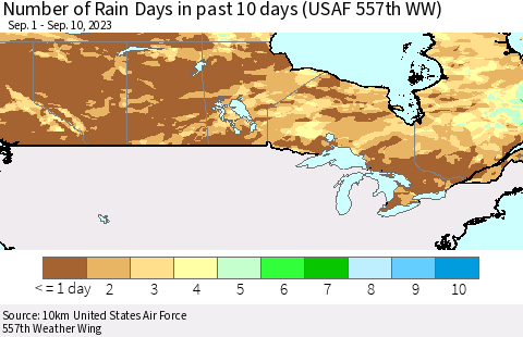 Canada Number of Rain Days in past 10 days (USAF 557th WW) Thematic Map For 9/6/2023 - 9/10/2023