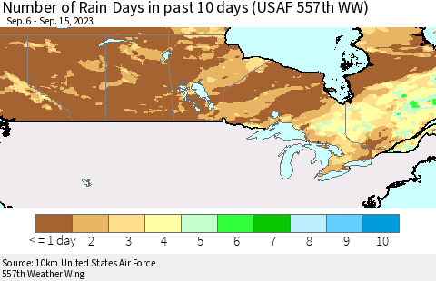 Canada Number of Rain Days in past 10 days (USAF 557th WW) Thematic Map For 9/11/2023 - 9/15/2023