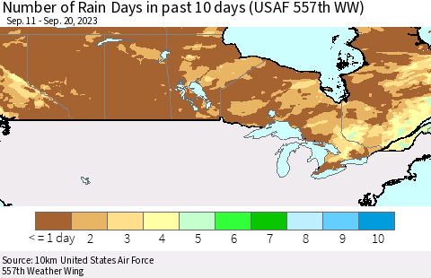 Canada Number of Rain Days in past 10 days (USAF 557th WW) Thematic Map For 9/16/2023 - 9/20/2023