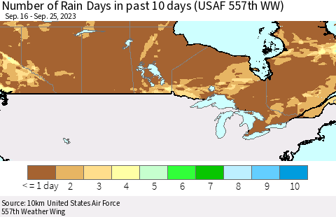Canada Number of Rain Days in past 10 days (USAF 557th WW) Thematic Map For 9/21/2023 - 9/25/2023