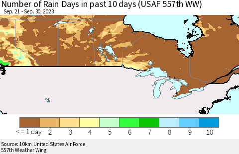 Canada Number of Rain Days in past 10 days (USAF 557th WW) Thematic Map For 9/26/2023 - 9/30/2023