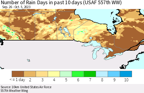 Canada Number of Rain Days in past 10 days (USAF 557th WW) Thematic Map For 10/1/2023 - 10/5/2023