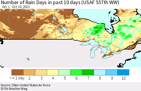 Canada Number of Rain Days in past 10 days (USAF 557th WW) Thematic Map For 10/6/2023 - 10/10/2023
