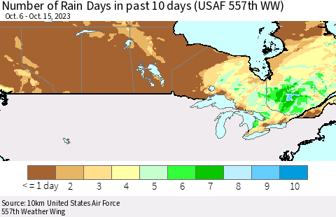 Canada Number of Rain Days in past 10 days (USAF 557th WW) Thematic Map For 10/11/2023 - 10/15/2023