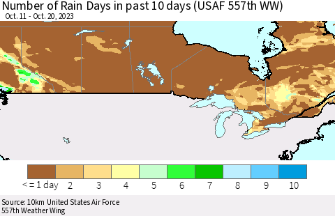 Canada Number of Rain Days in past 10 days (USAF 557th WW) Thematic Map For 10/16/2023 - 10/20/2023