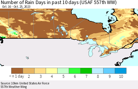 Canada Number of Rain Days in past 10 days (USAF 557th WW) Thematic Map For 10/21/2023 - 10/25/2023