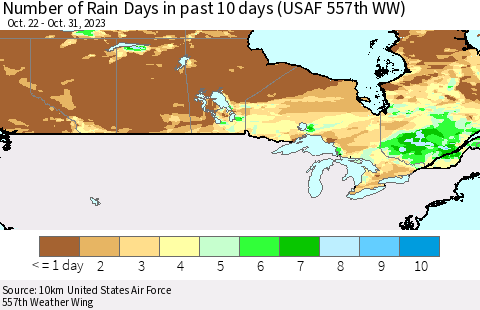 Canada Number of Rain Days in past 10 days (USAF 557th WW) Thematic Map For 10/26/2023 - 10/31/2023
