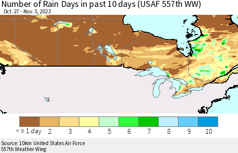 Canada Number of Rain Days in past 10 days (USAF 557th WW) Thematic Map For 11/1/2023 - 11/5/2023